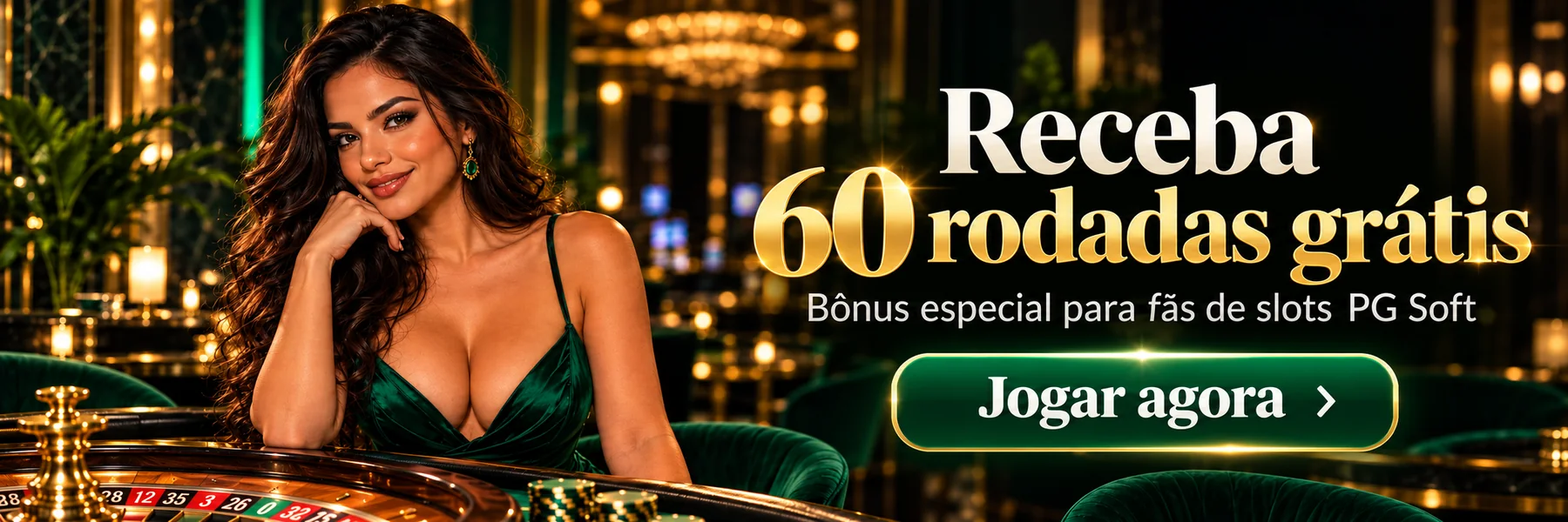 Banner ilustrativo com modelo brasileira e oferta promocional não confirmada para jogos PG Soft; abrir comparativo de jogos
