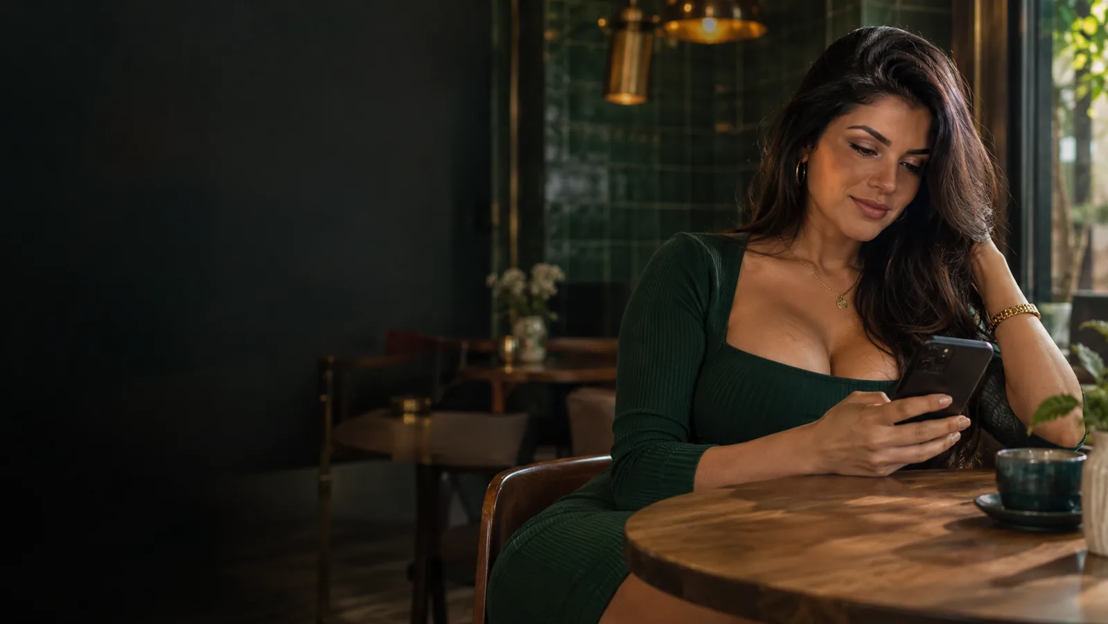 Mulher brasileira consultando o celular em uma cafeteria